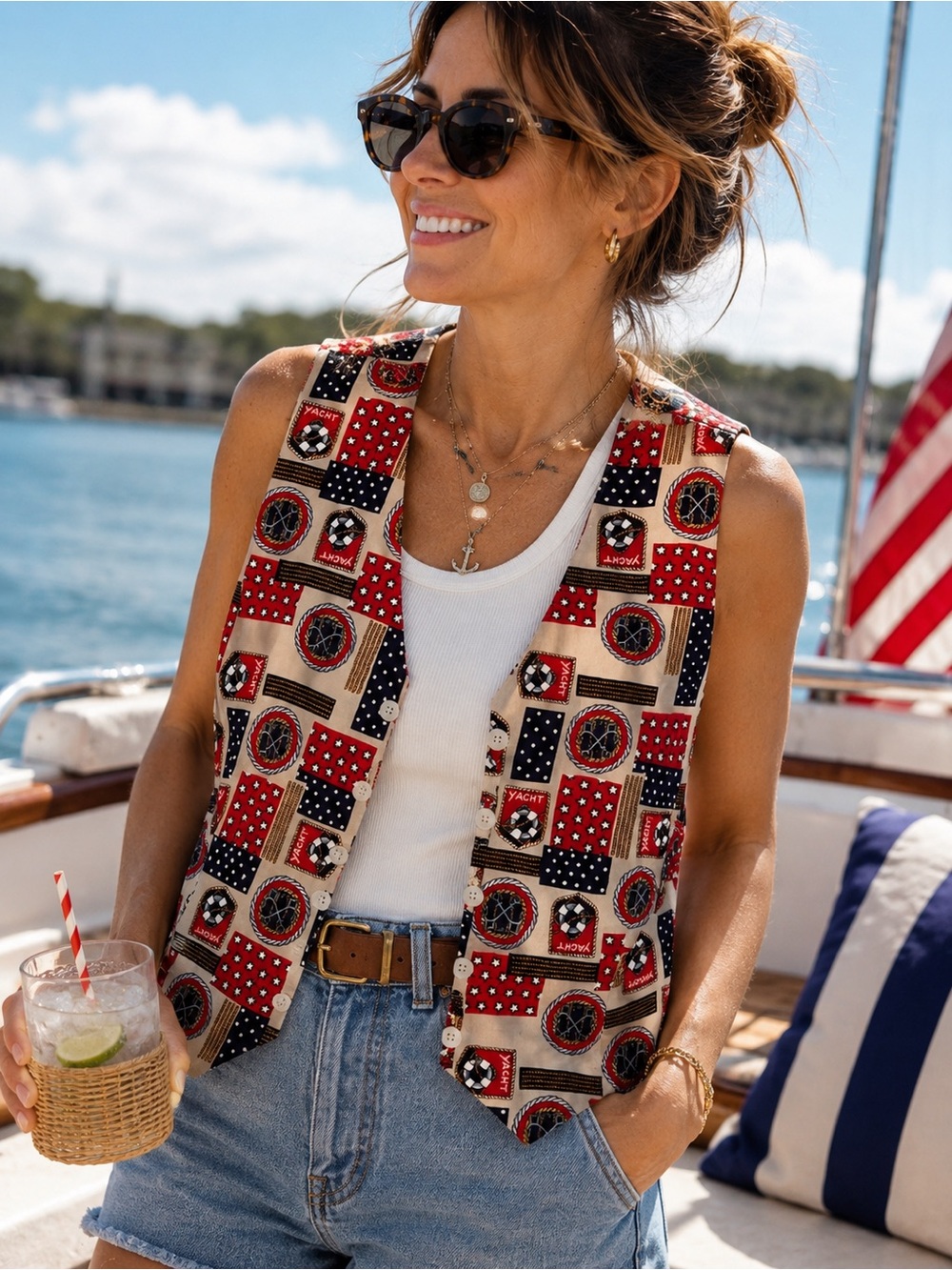 Talbots Nautical Yacht Print Vest Vintage 90s Coastal Grandmother Sailing Large